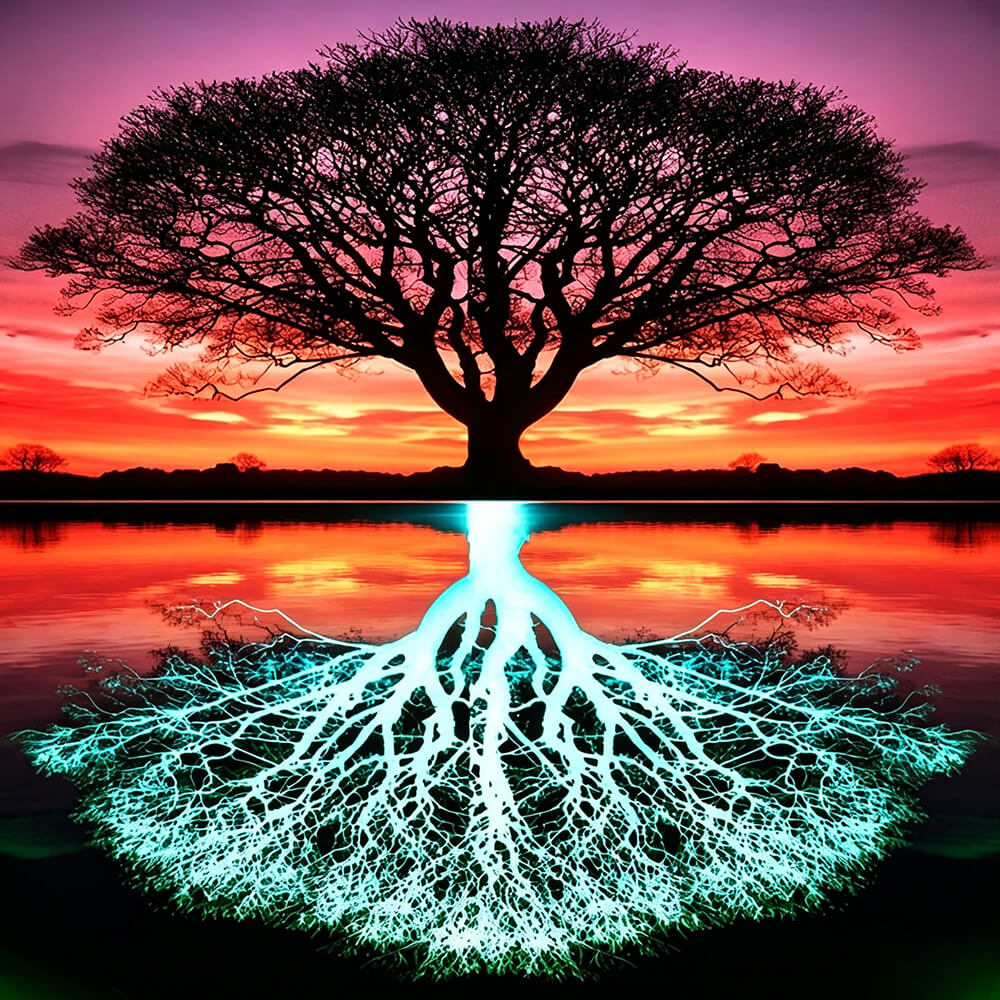 Tree of life with glowing roots cross stitch kit for beginners