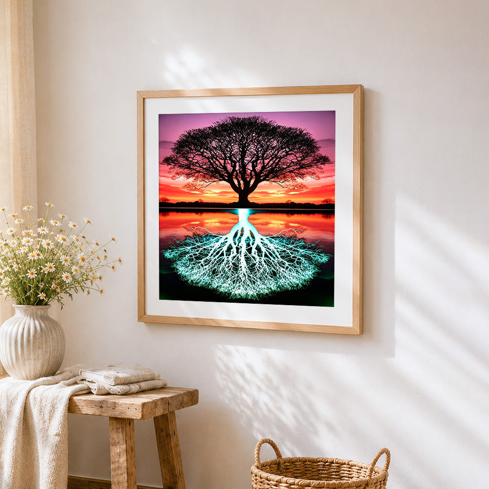 Tree of life with glowing roots cross stitch artwork displayed on wall as home decor