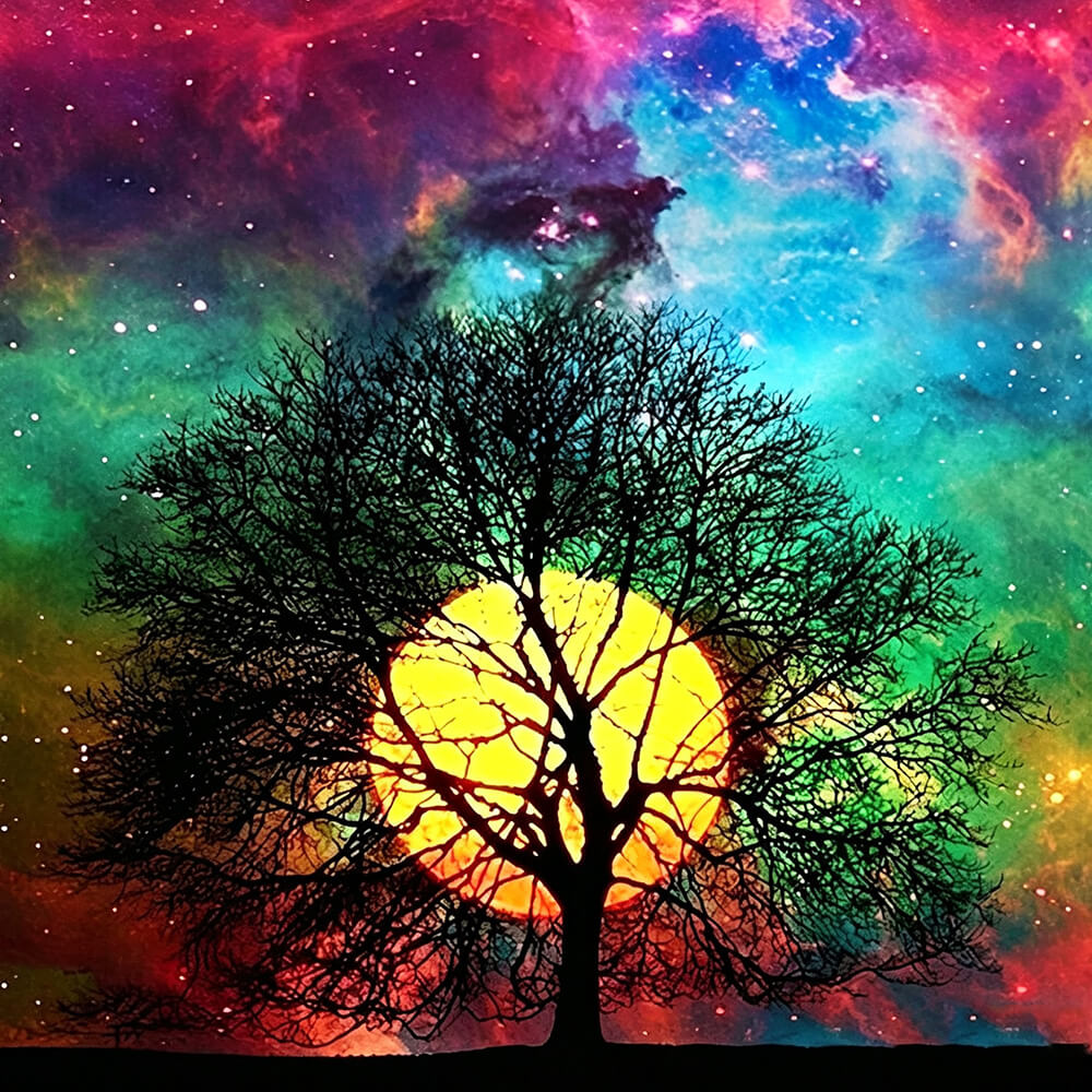 Tree silhouette on colourful nebula cross stitch kit for beginners