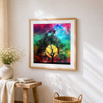Tree silhouette on colourful nebula cross stitch artwork displayed on wall as home decor