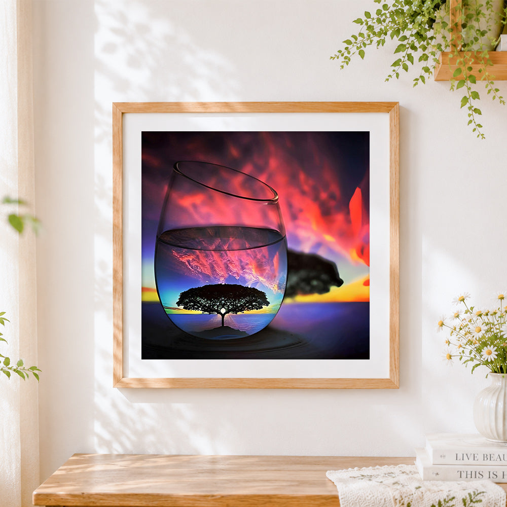Finished tree sunset in a wine glass paint by numbers artwork displayed as home decor