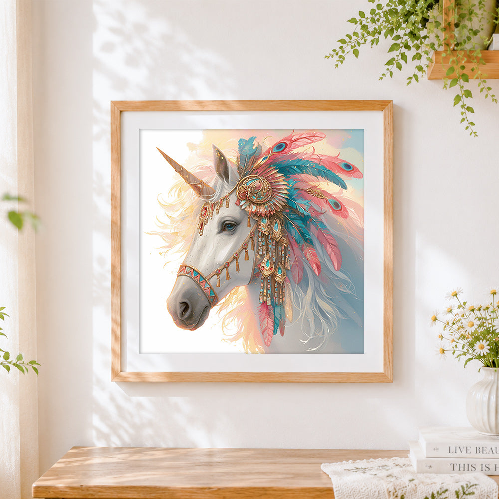 Finished tribal feather unicorn cross stitch artwork displayed