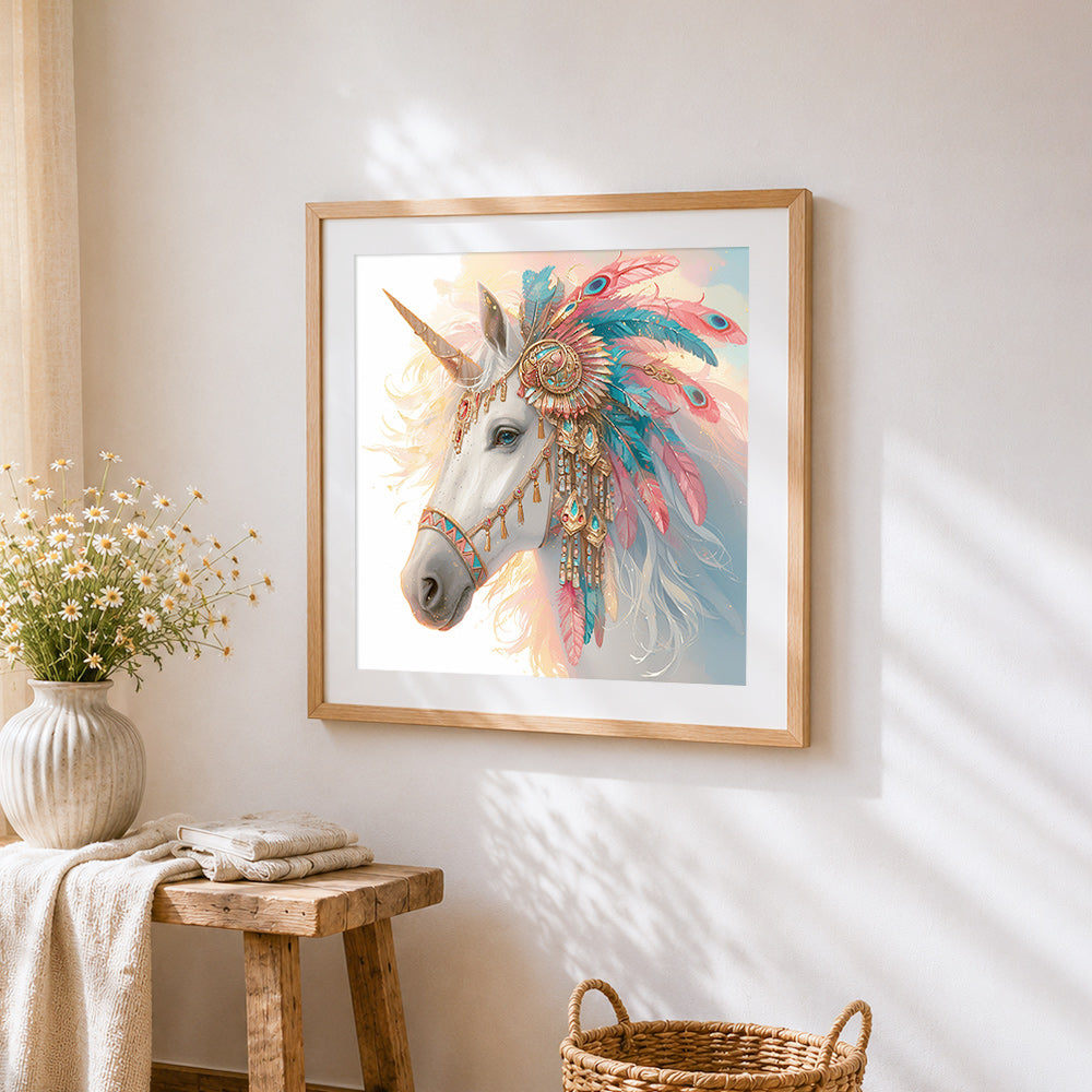 Tribal feather unicorn cross stitch artwork displayed on wall as home decor
