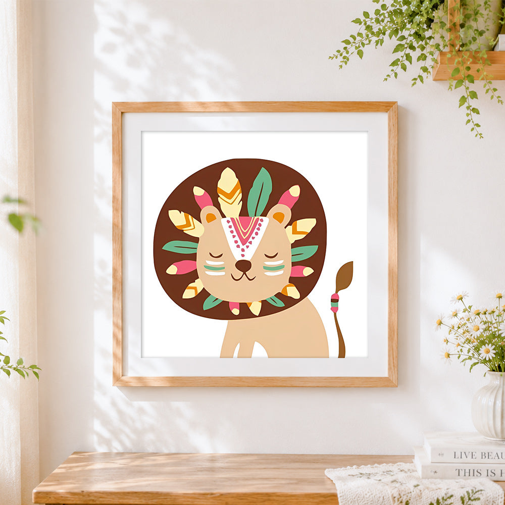 Finished tribal lion with feathers cross stitch artwork displayed