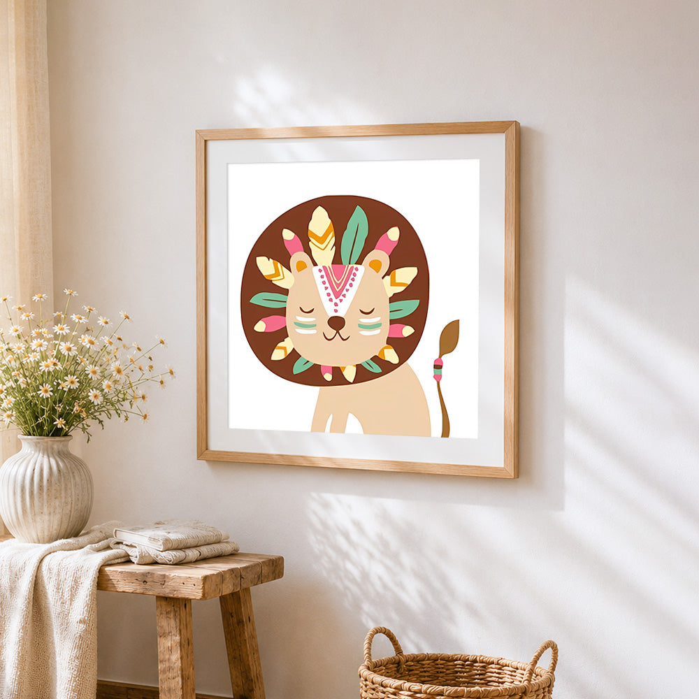 Tribal lion with feathers cross stitch artwork displayed on wall as home decor