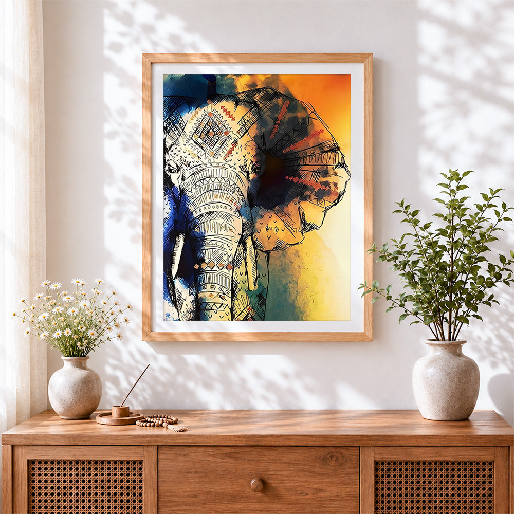 Finished tribal painted elephant cross stitch artwork displayed