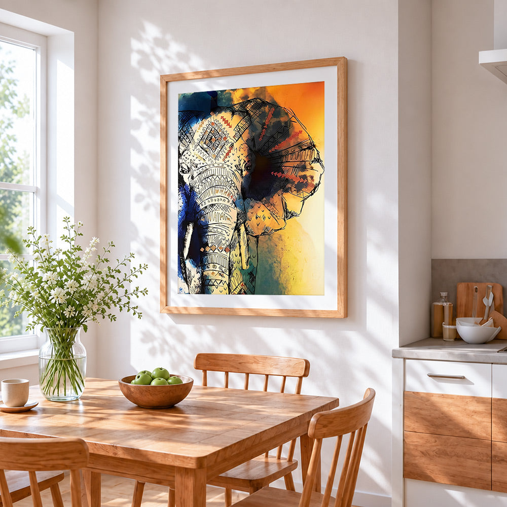 Tribal painted elephant cross stitch artwork displayed on wall as home decor