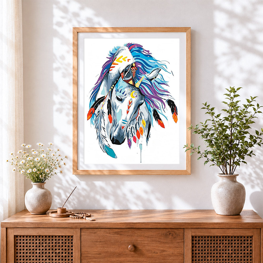 Finished tribal painted unicorn cross stitch artwork displayed
