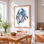 Tribal painted unicorn cross stitch artwork displayed on wall as home decor