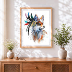 Finished tribal style fox with feathers cross stitch artwork displayed