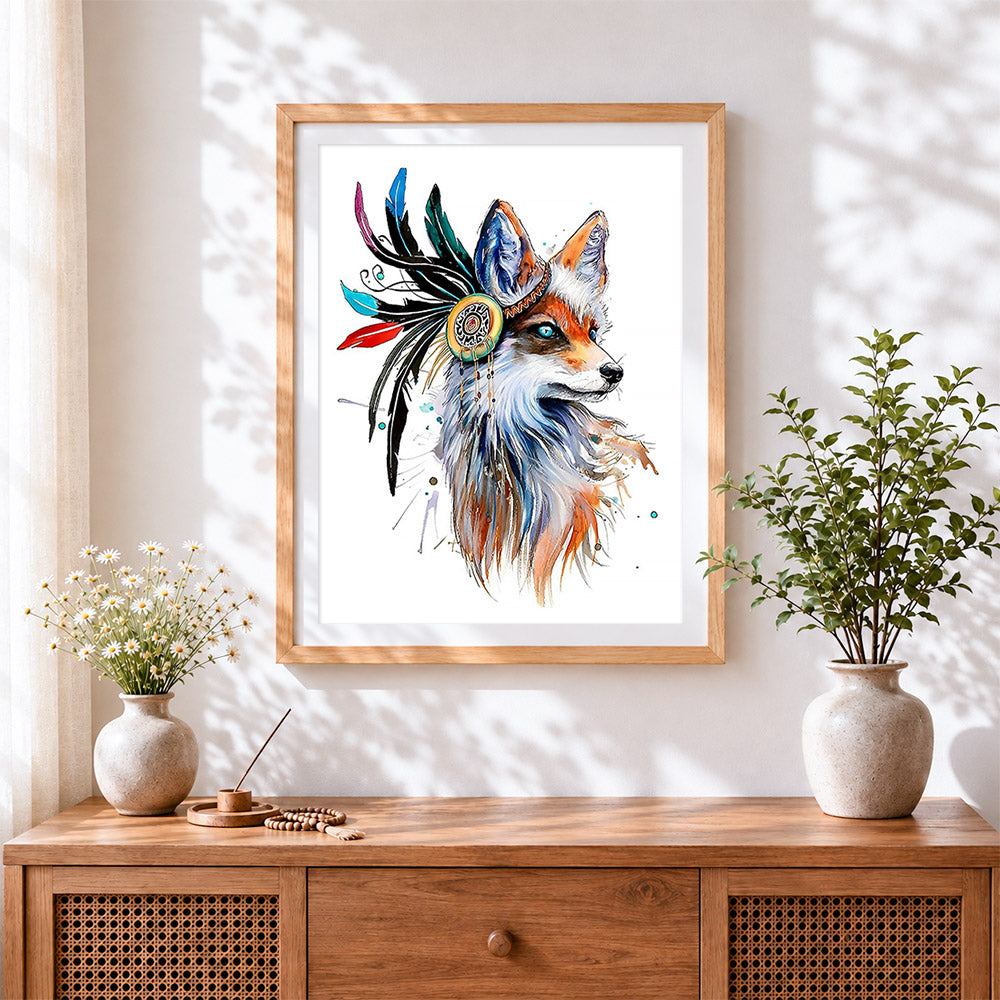 Finished tribal style fox with feathers cross stitch artwork displayed