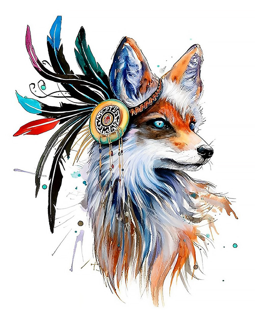 Tribal style fox with feathers cross stitch kit for beginners