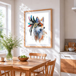 Tribal style fox with feathers cross stitch artwork displayed on wall as home decor