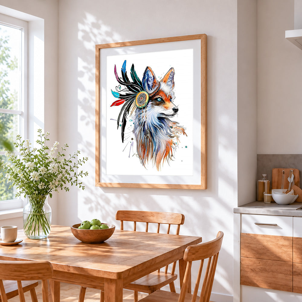 Tribal style fox with feathers cross stitch artwork displayed on wall as home decor