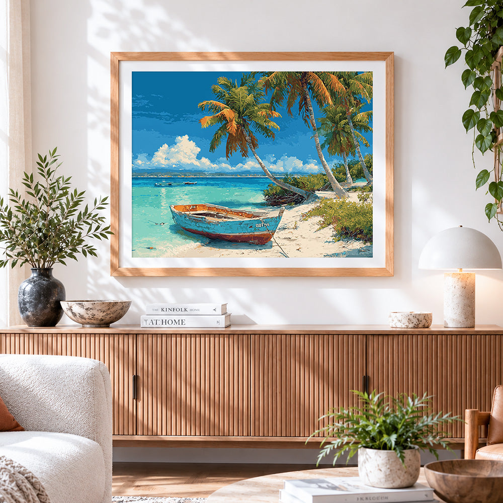 Finished tropical beach and blue boat cross stitch artwork displayed