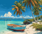 Tropical beach and blue boat cross stitch kit for beginners