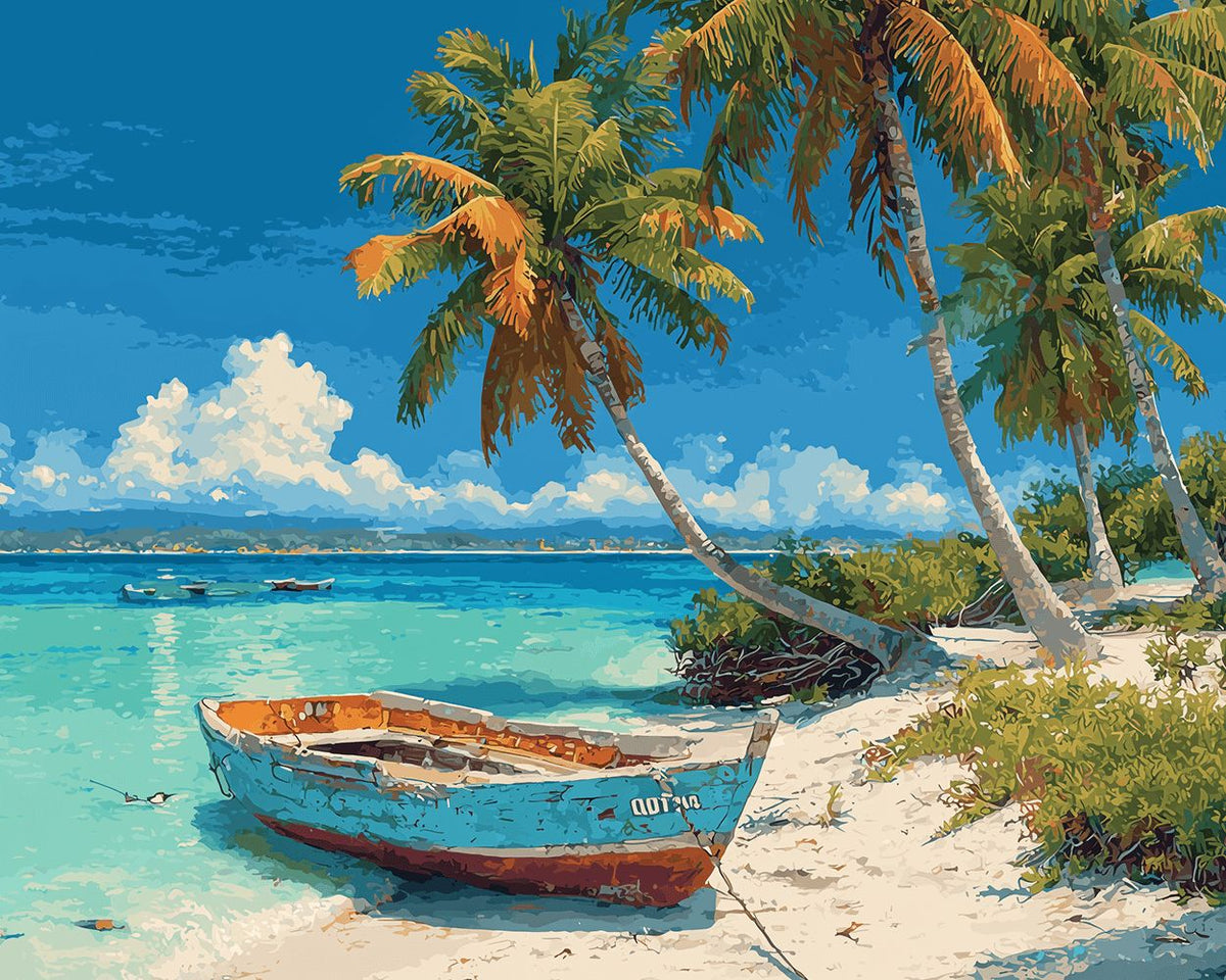 Tropical beach and blue boat cross stitch kit for beginners