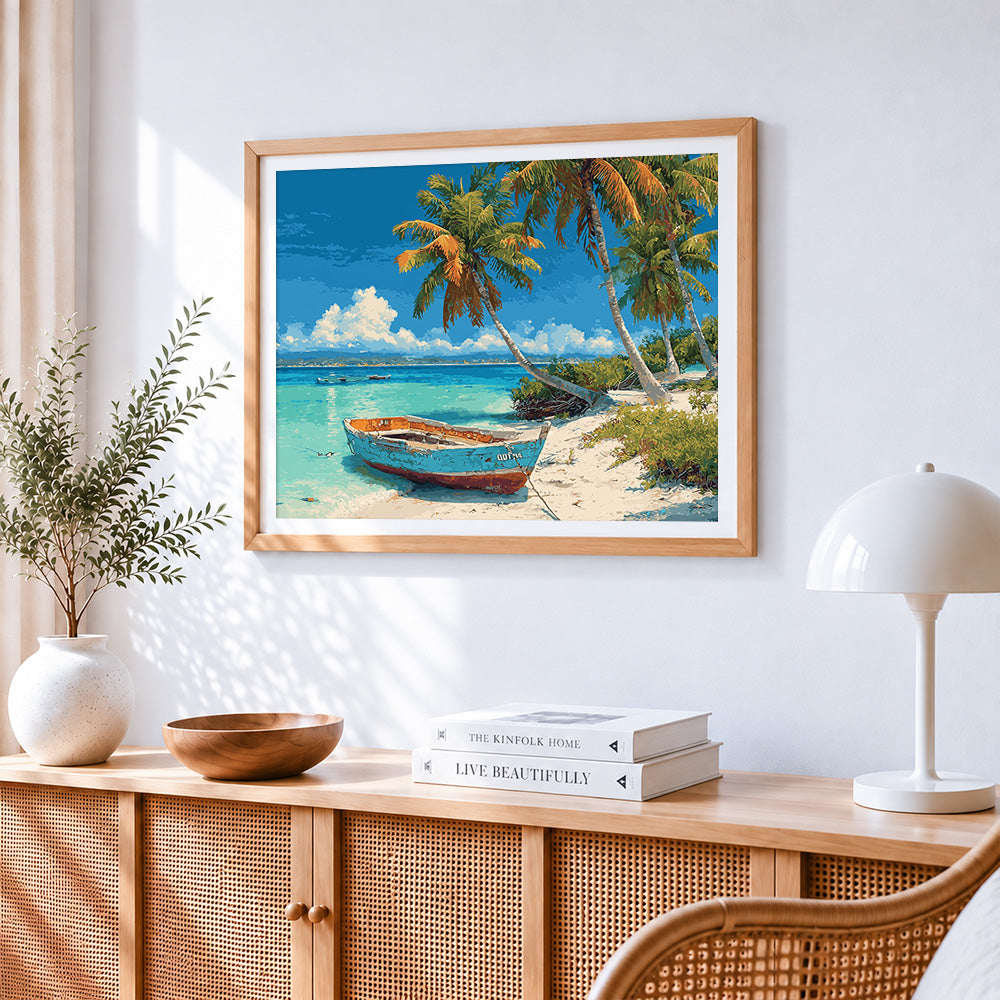 Tropical beach and blue boat cross stitch artwork displayed on wall as home decor