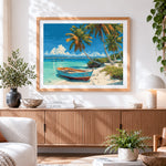 Finished tropical beach and blue boat paint by numbers artwork displayed as home decor