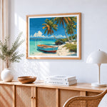 Tropical beach and blue boat paint by numbers artwork displayed on wall as home decor