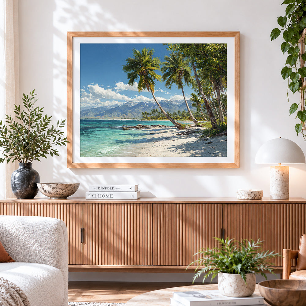 Finished tropical beach and palm trees cross stitch artwork displayed