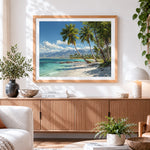 Finished tropical beach and palm trees paint by numbers artwork displayed as home decor