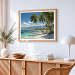Tropical beach and palm trees paint by numbers artwork displayed on wall as home decor