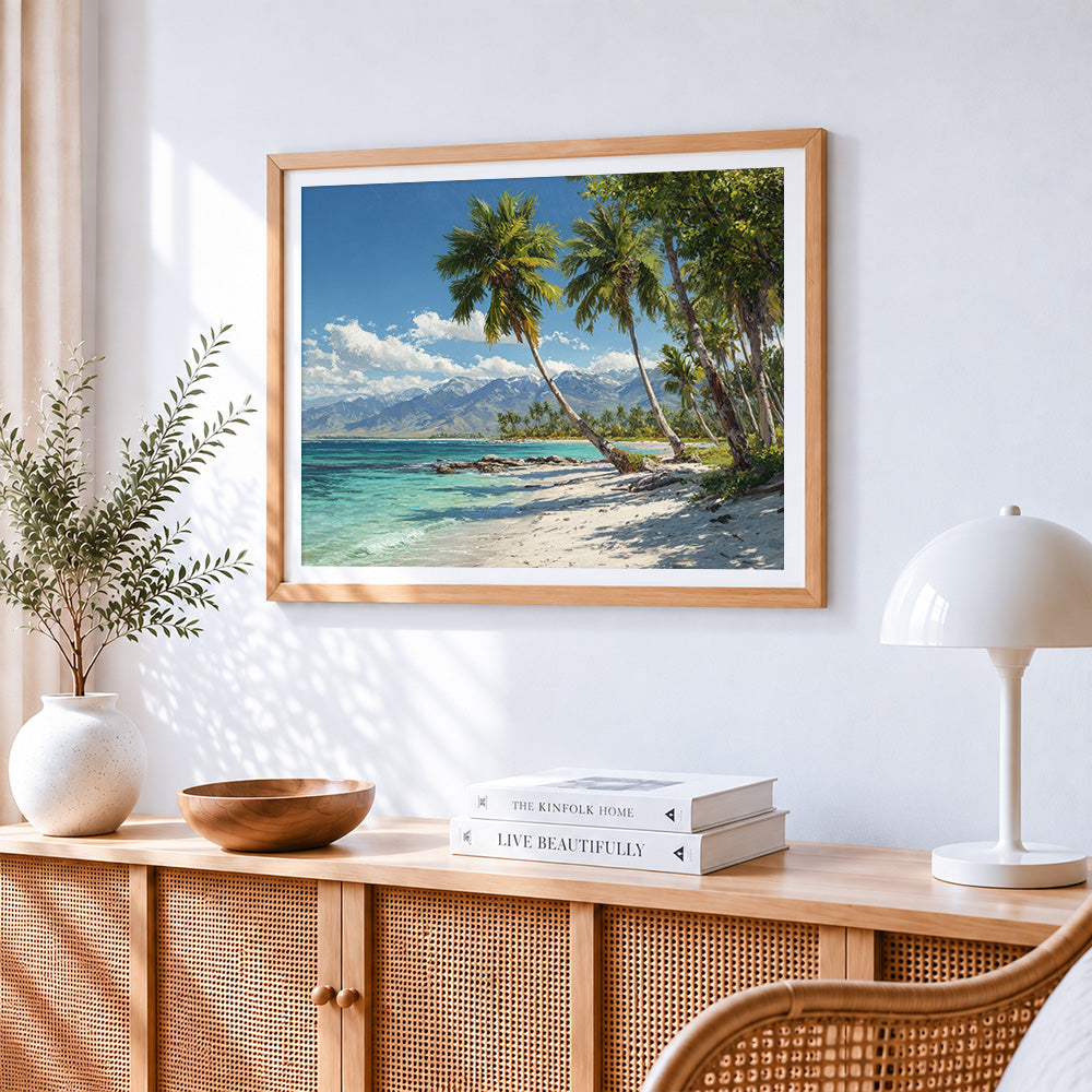 Tropical beach and palm trees paint by numbers artwork displayed on wall as home decor