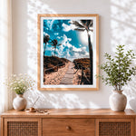 Finished tropical beach boardwalk cross stitch artwork displayed