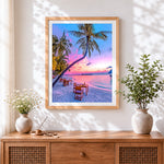 Finished tropical beach dining cross stitch artwork displayed