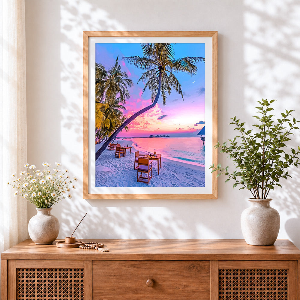 Finished tropical beach dining cross stitch artwork displayed