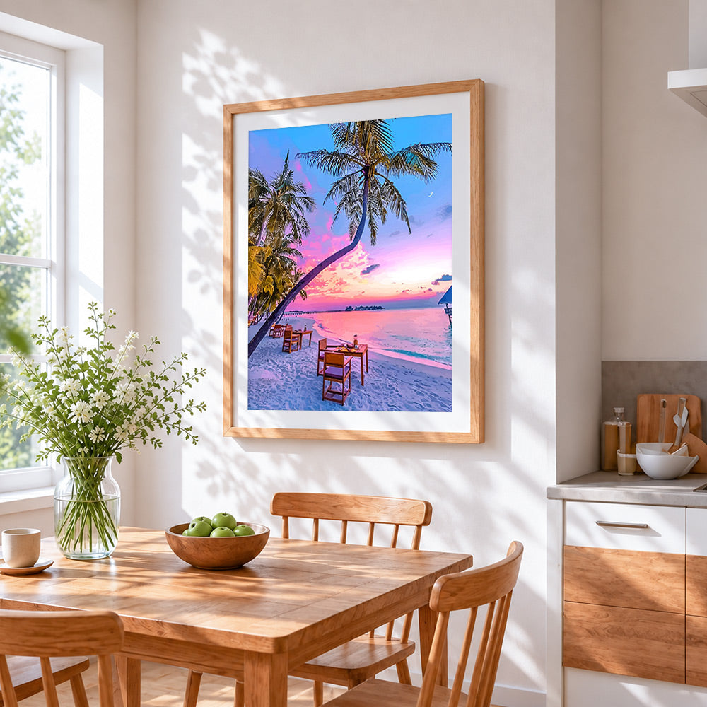 Tropical beach dining cross stitch artwork displayed on wall as home decor