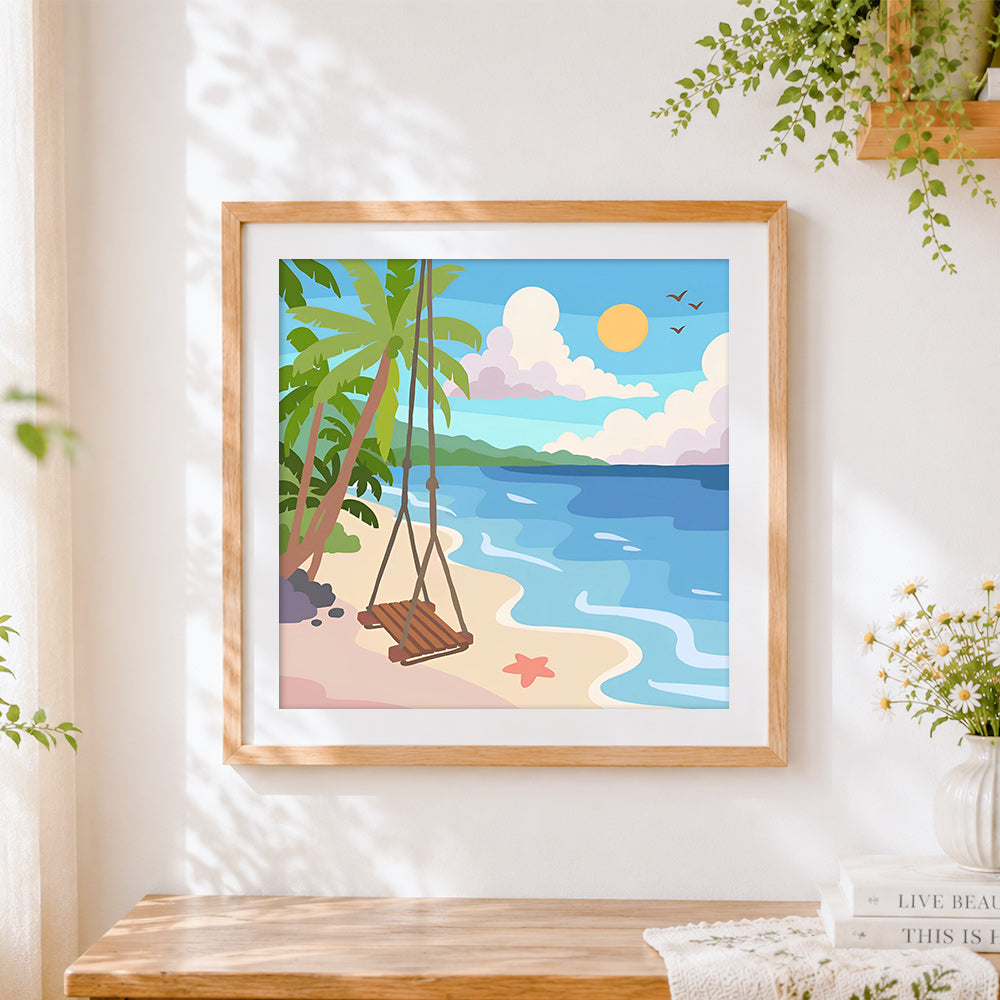 Finished tropical beach swing cross stitch artwork displayed
