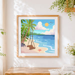 Finished tropical beach swing cross stitch artwork displayed