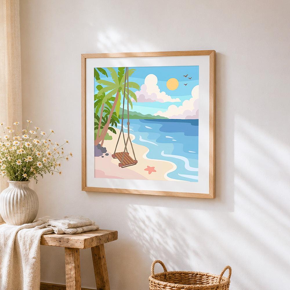 Tropical beach swing cross stitch artwork displayed on wall as home decor