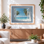 Finished tropical beach window cross stitch artwork displayed