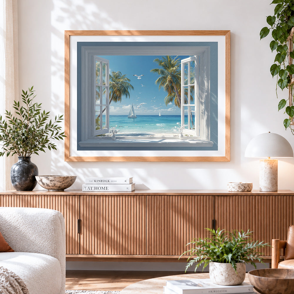 Finished tropical beach window cross stitch artwork displayed