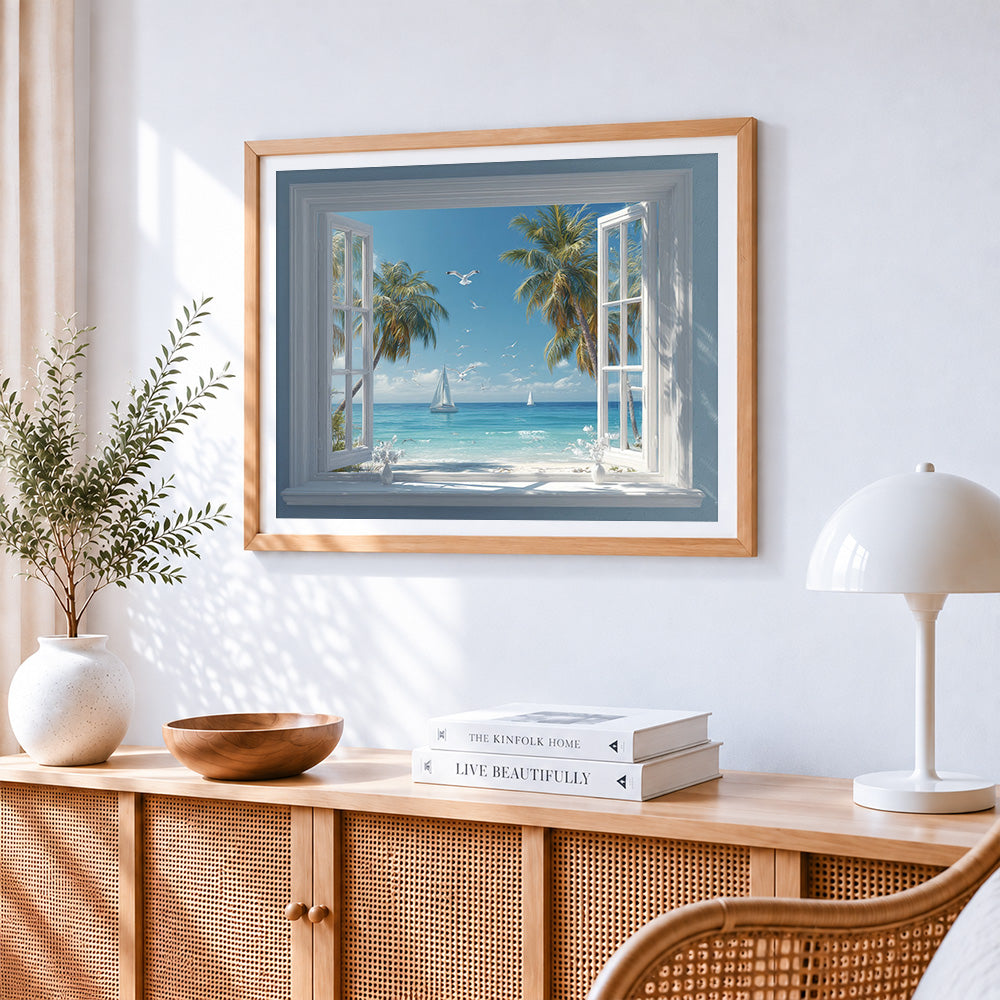 Tropical beach window cross stitch artwork displayed on wall as home decor