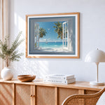 Tropical beach window paint by numbers artwork displayed on wall as home decor