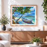 Finished tropical beach with boat and palm trees cross stitch artwork displayed
