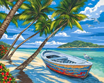 Tropical beach with boat and palm trees cross stitch kit for beginners