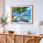 Tropical beach with boat and palm trees cross stitch artwork displayed on wall as home decor