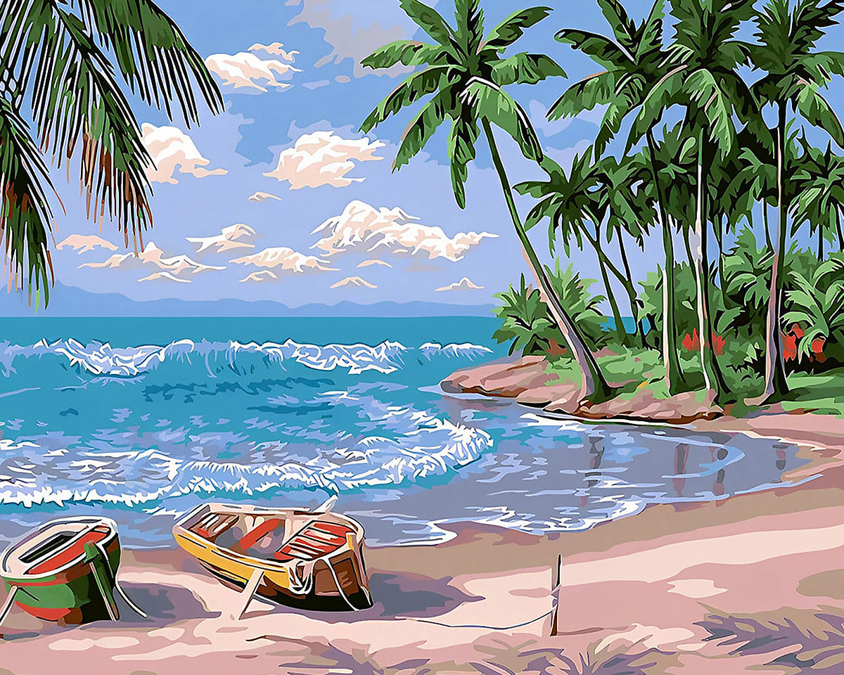 Tropical beach with palm trees cross stitch kit for beginners