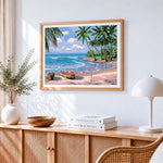 Tropical beach with palm trees cross stitch artwork displayed on wall as home decor