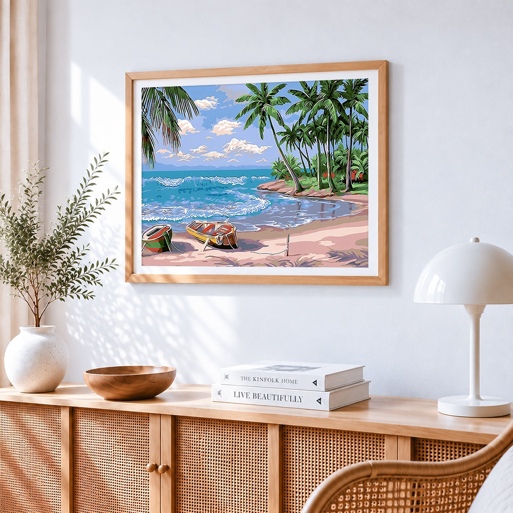 Tropical beach with palm trees cross stitch artwork displayed on wall as home decor