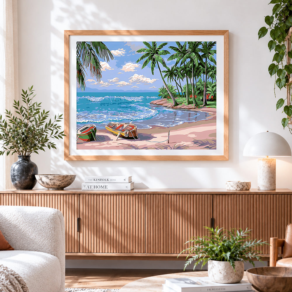 Finished tropical beach with palm trees paint by numbers artwork displayed as home decor