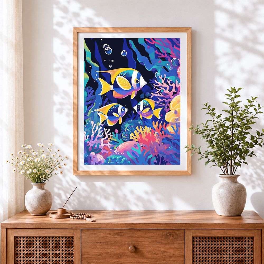 Finished tropical fish in a coral reef cross stitch artwork displayed