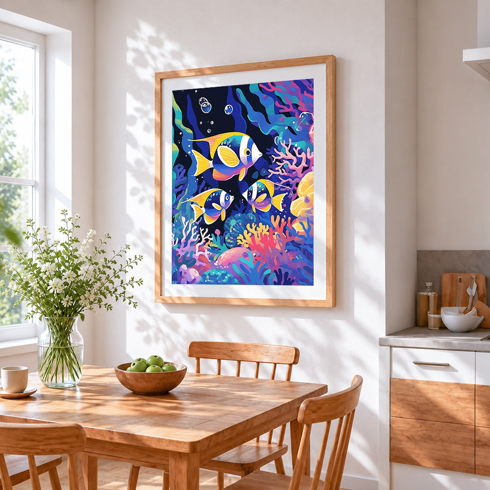 Tropical fish in a coral reef cross stitch artwork displayed on wall as home decor