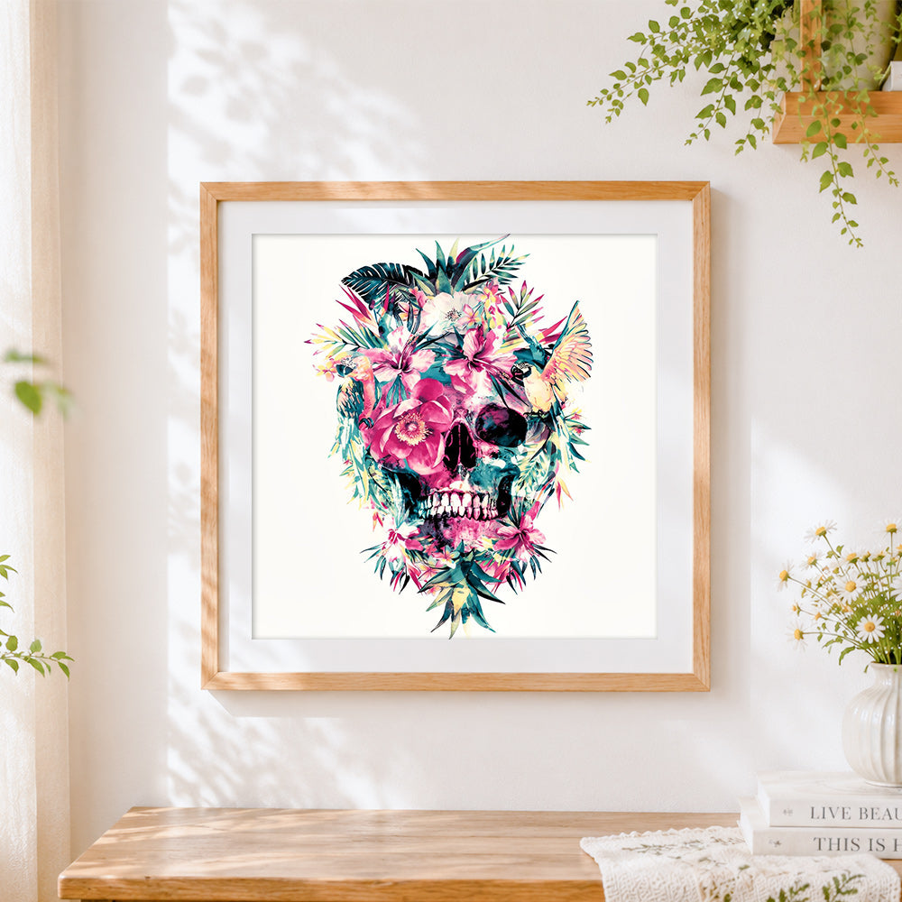 Finished tropical floral skull with parrots cross stitch artwork displayed