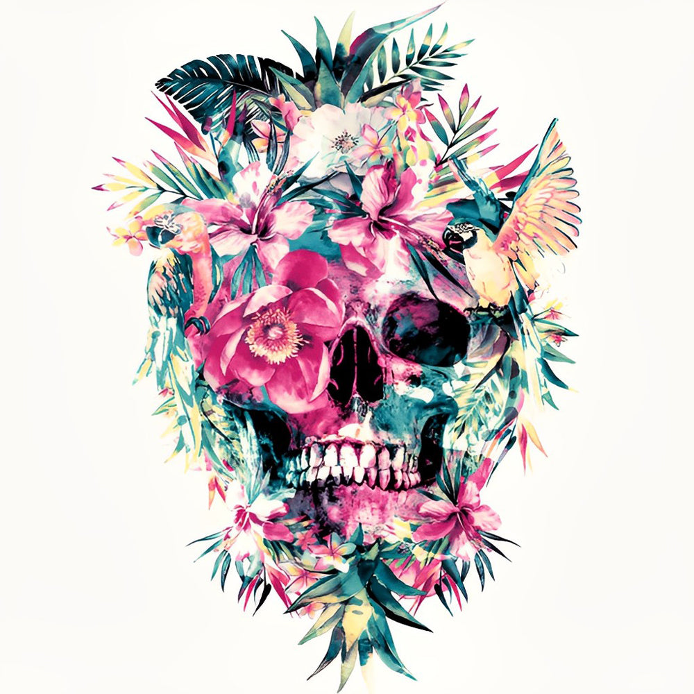 Tropical floral skull with parrots cross stitch kit for beginners